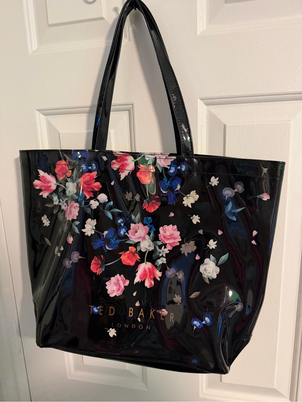 Ted Baker Black Floral Patent Tote with Multicolor Blooms - Large
